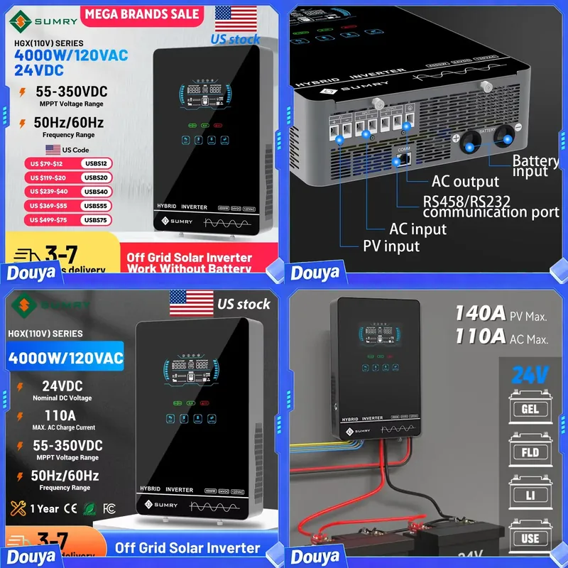 Pure Sine Wave Inverter - Sumry 4KW 120V オフグリッドソーラーインバーター 24V 140A